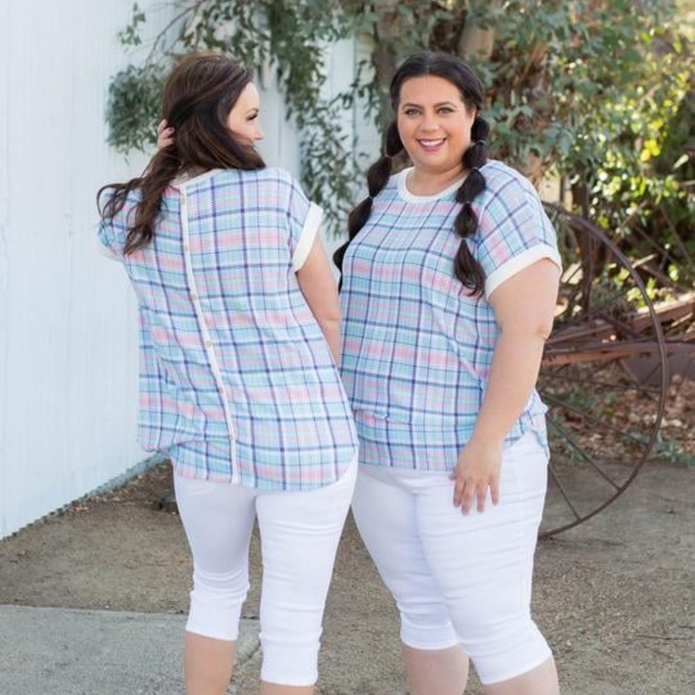 NWT Pink and Blue Plaid Short Sleeve Top - Picture 2 of 7
